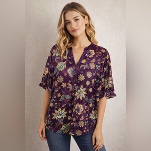 CherryBetty Purple Velvet Floral Boho Blouse Short Sleeve V-Neck Top